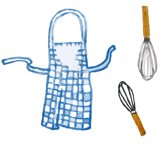 Whimsical illustration of an apron and two whisks