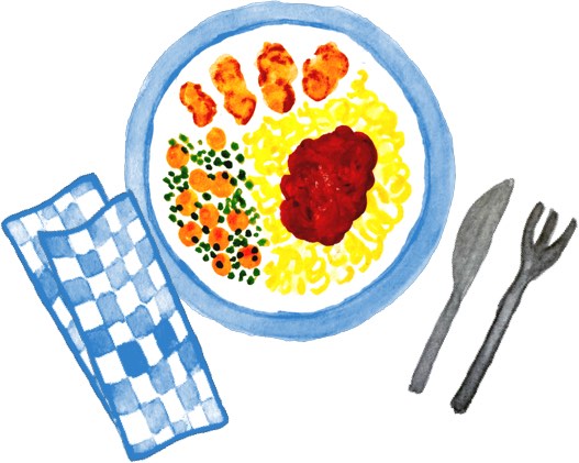 Colorful illustration of a plate with food, alongside a checkered napkin and spoon and fork